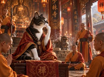 A cat dressed in ornate golden and red Buddhist monk robes sits in a meditative pose on an altar with Chinese characters including "禅" (Zen/Chan) visible, while Buddhist monks in traditional orange robes pray around it in a temple setting. The image humorously personifies the "Thinking Cat" meme as a wise spiritual leader awakening to inspire followers, fitting the motivational post's message of collective awakening and victory.