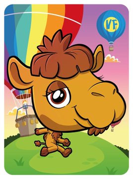 An app icon featuring a cartoon camel character with brown hair standing on green grass against a rainbow background, with a 'VF' hot air balloon logo in the top right corner.
