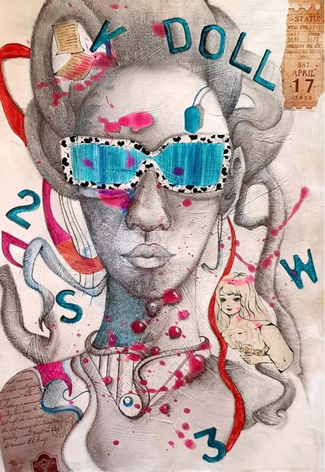 A mixed-media sketch portrait of a woman wearing bold blue sunglasses, decorated with pink paint splatters, the text 'DOLL', scattered letters, and collaged ticket stubs and papers.