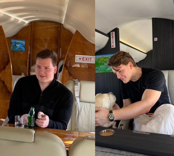 A side-by-side comparison shows the man seated in a private jet cabin (with "EXIT" signs visible) on the left, appearing heavier while holding a water bottle, and on the right, visibly slimmer as he smiles and pets a small dog while wearing a watch—illustrating the post's message that health outweighs material wealth.