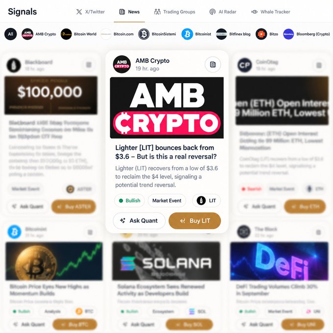 A cryptocurrency news app interface displaying signals, with a highlighted article from AMB Crypto about Lighter [LIT] bouncing back from $3.6, alongside other news tiles for Bitcoin, Solana, and DeFi.