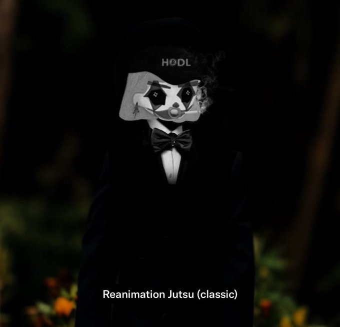 A dark, stylized image shows a figure in a suit and bowtie with a white mask, wearing a hat labeled 'HODL,' with the text 'Reanimation Jutsu (classic)' at the bottom.