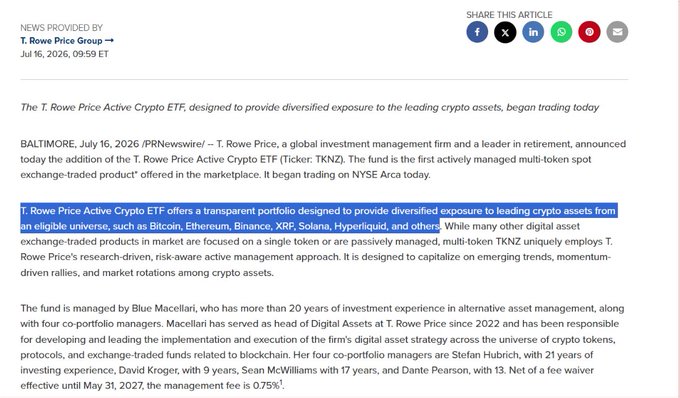 The image shows a T. Rowe Price press release announcing the launch of the T. Rowe Price Active Crypto ETF (TKNZ), an actively managed multi-token spot crypto ETF now trading on NYSE Arca, offering diversified exposure to assets including Bitcoin, Ethereum, Binance, XRP, Solana, and Hyperliquid. The highlighted section and accompanying post confirm the fund's portfolio composition and note it is managed by Blue Macellari and four co-portfolio managers.