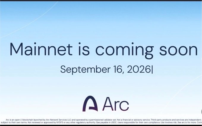 A promotional graphic with a light blue background displaying the text "Mainnet is coming soon, September 16, 2026" above the Arc logo and a legal disclaimer.