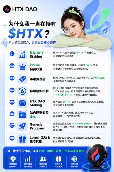 An HTX DAO promotional infographic in Chinese listing 8 reasons to hold $HTX, including 5% APY staking, Prime membership benefits, and Genesis Program.
