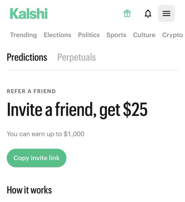 The image shows a Kalshi referral page with the headline "Invite a friend, get $25" and a note that users can earn up to $1,000, featuring a "Copy invite link" button. This aligns with the post, which thanks Kalshi for the $25 referral bonus and shares a personal invite link to pay it forward.