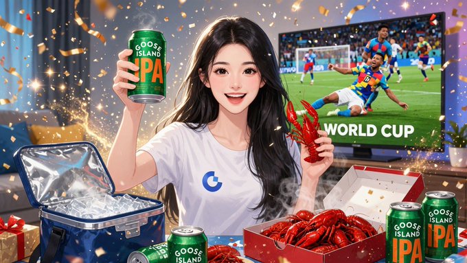 An illustrated promotional image features a smiling woman holding a can of 'Goose Island IPA' beer and a crawfish, with a soccer match labeled 'World Cup' on TV, lobster, and a cooler in the scene.