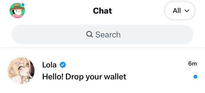 A chat interface screenshot showing a verified message from 'Lola' reading 'Hello! Drop your wallet' posted 6 minutes ago.