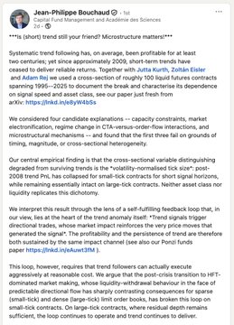 A post by Jean-Philippe Bouchaud analyzing market micro-structure trends, highlighting 'volatility-normalised tick size' and referencing the July 2007 quant meltdown, with a link to his discussion paper.