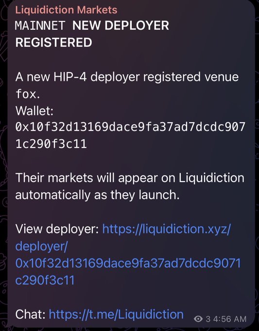 A notification from Liquiction Markets announcing a new HIP-4 deployer "fox" has registered on mainnet (Wallet: 0x10f32d13169dace9fa37ad7dcdc9071c290f3c11), with their markets set to appear automatically upon launch. This relates to the post about the Hyperliquid ecosystem's continuous building, as Liquiction is built on Hyperliquid and the registration of new deployers expands the platform's offerings, reinforcing the fundamental growth narrative for $HYPE.
