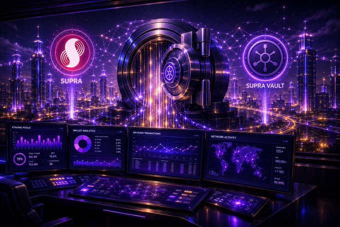 A futuristic control room displays a massive vault with cascading data streams, flanked by the "SUPRA" and "SUPRA VAULT" logos against a neon cityscape, while monitors below show analytics like "STAKING POOLS," "WALLET ANALYTICS," "ON-CHAIN TRANSACTIONS," and "NETWORK ACTIVITY." The image visually reinforces the post's message of Supra Labs actively building futuristic blockchain infrastructure, with Supra Vault positioned as a key player in this high-tech, execution-focused ecosystem rather than mere speculation.