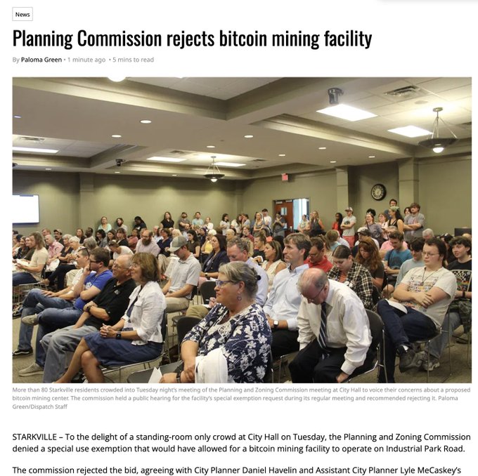 A news article headline reads "Planning Commission rejects bitcoin mining facility" by Paloma Green, showing a packed City Hall meeting with over 80 Starkville residents concerning a proposed bitcoin mining center.