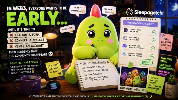 The image features a green stuffed animal sitting at a desk with a notebook, pen, and other items such as a cup and potted plant nearby. The background of the image includes text that reads "In Web3... Everyone wants to be early... Until it is time to fill out a form, connect a wallet, or verify an account". The stuffed animal appears to be in distress, suggesting that they are unhappy about being online at this particular moment.