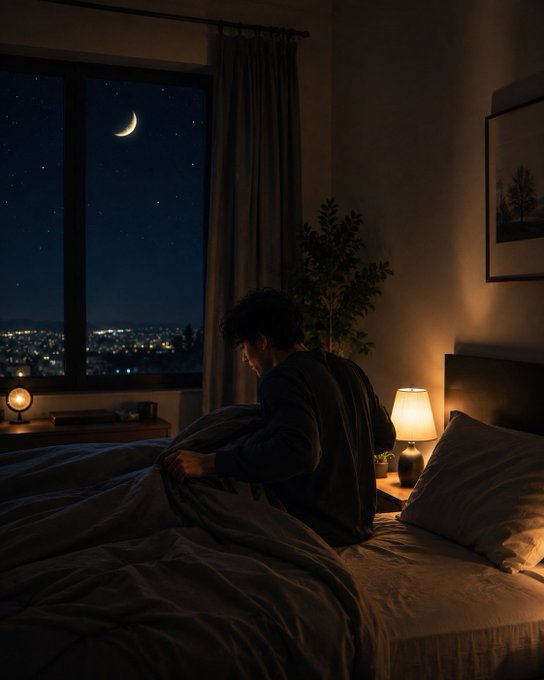 A person sitting on the edge of a bed in a dimly lit room at night, looking out a window at a city skyline with a crescent moon visible in the sky.