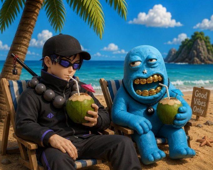 A 3D-rendered image of an anime-style character in black attire and sunglasses sitting in a beach chair next to a blue clay-like monster with gold teeth, both drinking from coconuts under a sign that reads 'Good Vibes Only.'