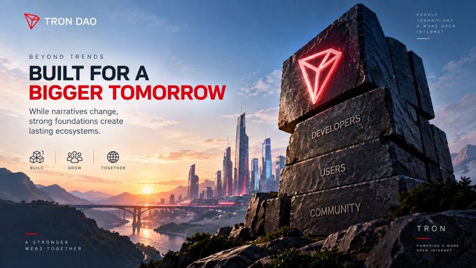 Advertisement for TRON DAO with the headline "BEYOND TRENDS: BUILT FOR A BIGGER TOMORROW," showing stone blocks labeled "DEVELOPERS," "USERS," and "COMMUNITY" alongside a TRON logo.