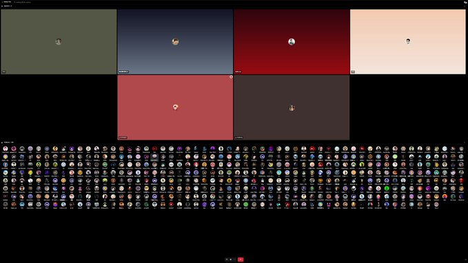 A Roblox avatar selection interface displaying six preview panels and a large grid of selectable character icons below.