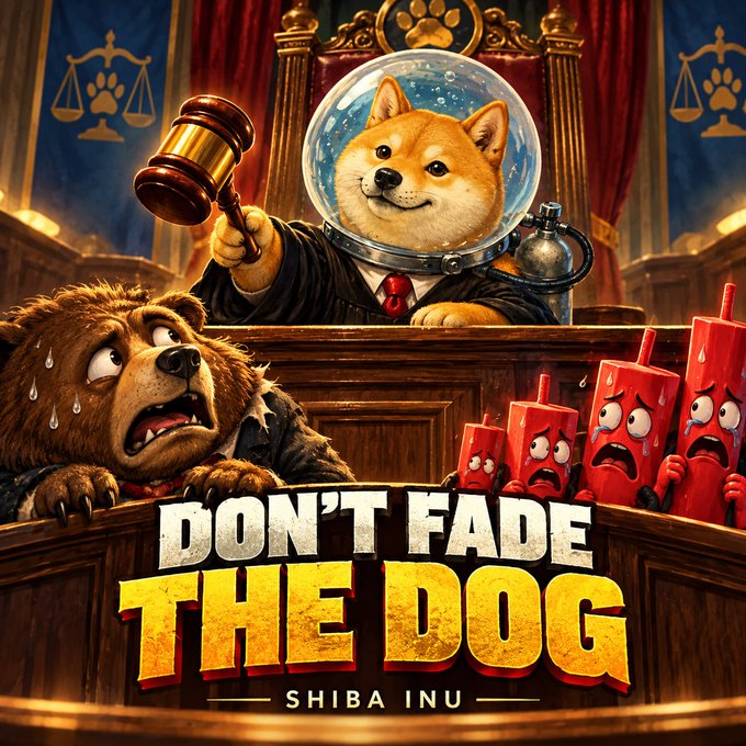 A Shiba Inu dog judge in a courtroom gavel scene with the text 'DON'T FADE THE DOG' and 'SHIBA INU', showing a sweating bear and crying red candles.