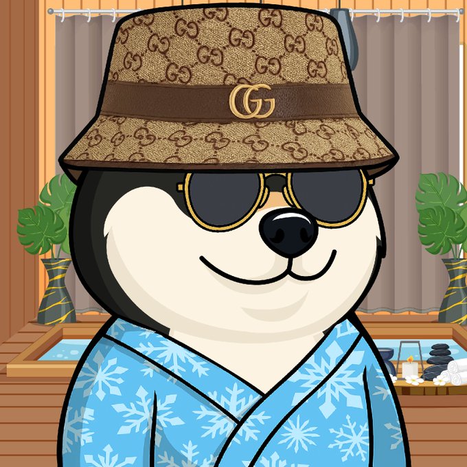 The image features a cartoon dog wearing sunglasses and a hat with a "G" on it, standing next to a bathtub filled with water. The caption reads "I know $MANYU is still the thing," which seems to be related to the post about Gucci.