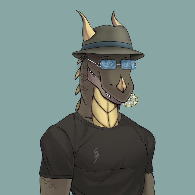 An anthropomorphic dragon character wearing a fedora, sunglasses, and a black t-shirt with a lightning bolt logo, holding a lemon slice in its mouth. The dragon's relaxed, confident pose pairs well with the casual "GM" (good morning) greeting in the post, embodying the chill crypto community vibe the author is inviting others to rate.