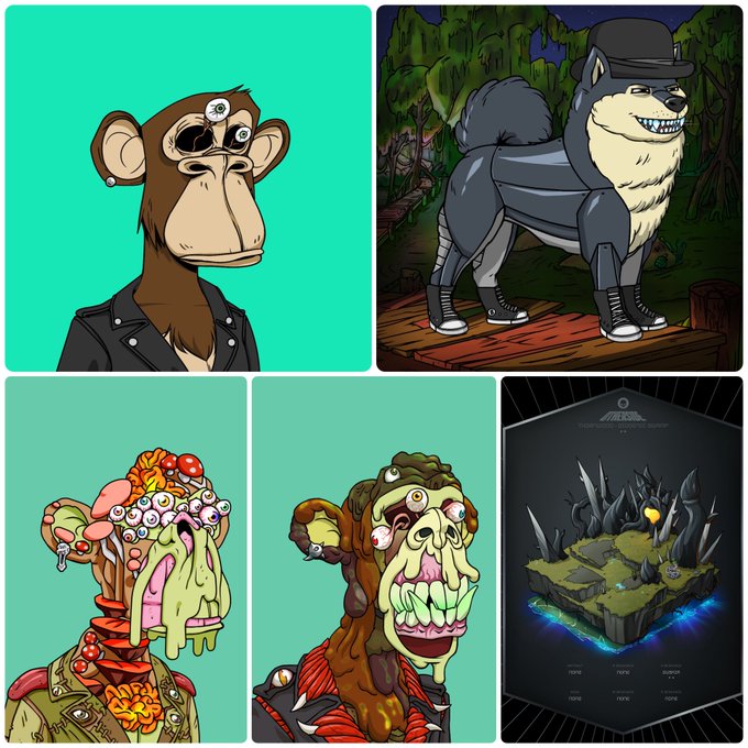 Collage of five NFT artwork panels featuring cartoonish characters including a three-eyed monkey in a leather jacket, a robotic dog-like creature in a bowler hat, two grotesque zombie-like figures, and a dark isometric dungeon scene.