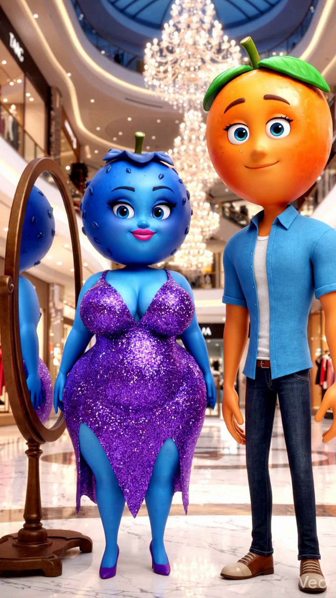 The image features two cartoon characters - an orange character with a green hat standing next to a blue character wearing a purple dress. They are positioned in front of a mirror, which has a chandelier hanging above them. The background includes a shopping mall setting with various stores and people walking around.