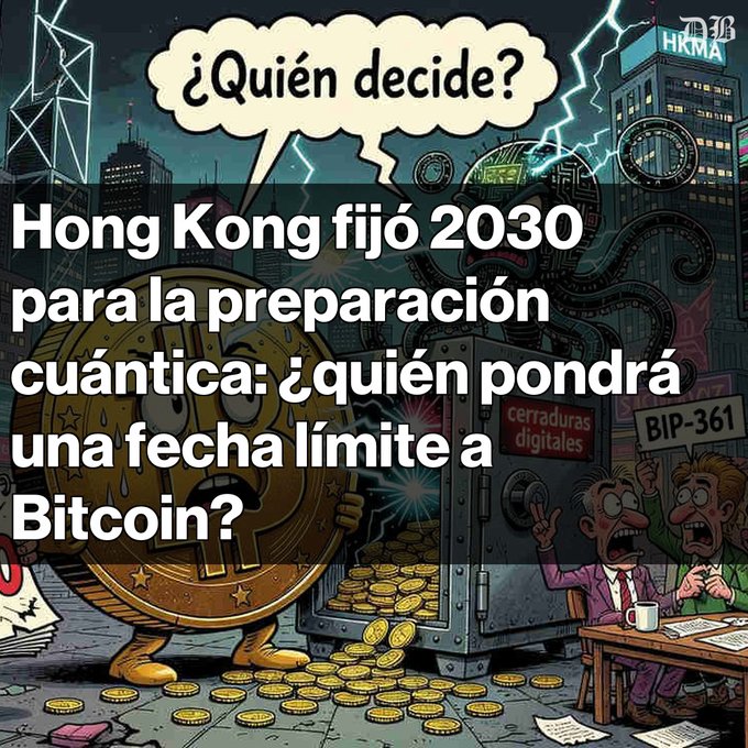 Cartoon illustration featuring a confused Bitcoin coin next to a safe labeled 'cerraduras digitales' with people protesting, overlaid with Spanish text: '¿Quién decide? Hong Kong fijó 2030 para la preparación cuántica: ¿quién pondrá una fecha límite a Bitcoin?'