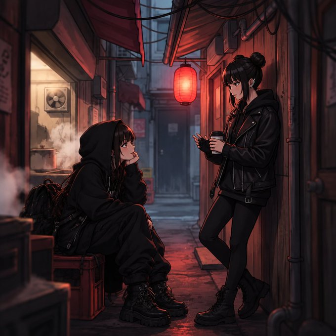 An anime-style illustration of two girls in dark outfits talking in a dimly lit alleyway, with one sitting on a crate and the other standing while holding a coffee cup near a glowing red lantern.