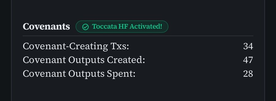 A dashboard panel titled "Covenants" shows the Toccata HF Activated status, displaying 34 Covenant-Creating Transactions, 47 Covenant Outputs Created, and 28 Covenant Outputs Spent. This snapshot represents the "yesterday" baseline referenced in the post, which highlights a dramatic surge in covenant transactions to 754 within 24 hours following the $KAS update.