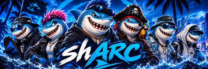 The image features five stylized shark characters with edgy accessories like sunglasses, leather jackets, pirate hats, and chains, set against a vibrant blue nighttime cityscape with the bold text "SHARC" displayed prominently. The illustration serves as branding for the SHARC NFT project, tying into the post's announcement of a guaranteed free mint event for collectors.