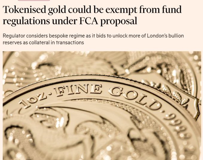 A news article headline reading 'Tokenised gold could be exempt from fund regulations under FCA proposal,' with a subtitle about a bespoke regime to unlock London's bullion reserves, accompanied by an image of a gold coin marked '1oz FINE GOLD 9999.'