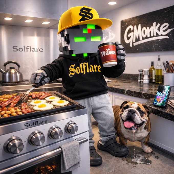 A robotic character wearing a 'Solflare' hoodie and a yellow cap, grilling breakfast food on a 'Solflare' branded stove while holding a 'Wawa' cup, next to an English Bulldog in a kitchen setting.