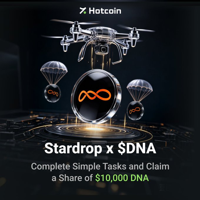 A promotional banner for Hotcoin's 'Stardrop x $DNA' airdrop, featuring drones delivering coins with parachutes and text reading 'Complete Simple Tasks and Claim a Share of $10,000 DNA'.