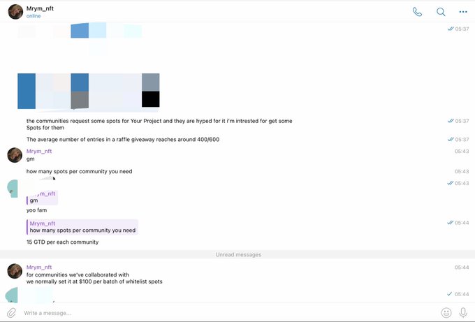A Telegram chat conversation with Mrvm_nft discussing community whitelist spots, mentioning prices like 15 GTD per spot and $100 per batch, with average raffle giveaway entries around 400-600.