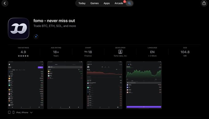 An App Store listing for the crypto trading app "fomo - never miss out" by fomo labs, inc., with a 4.9 rating, Finance chart #18, and tagline "Trade BTC, ETH, SOL, and more."