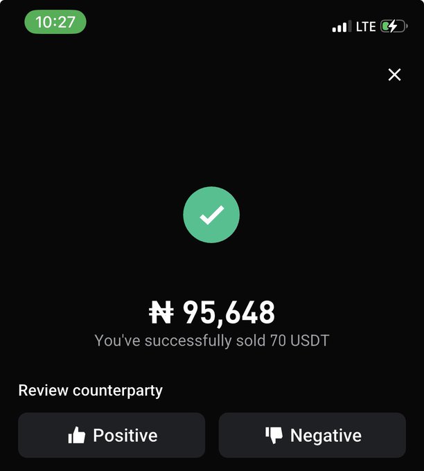 A mobile app screenshot displaying '₦ 95,648' for a successful sale of 70 USDT, with options to review the counterparty as positive or negative.
