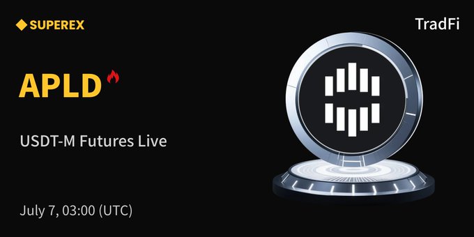 A black promotional graphic for SuperEx announcing the listing of APLD (Applied Digital) USDT-M Futures, launching July 7 at 03:00 UTC, featuring the SuperEx logo, "TradFi" label, and a stylized cryptocurrency coin on a pedestal with bar chart-like markings.