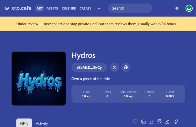 A screenshot of the xrp.cafe website showing a new NFT collection called 'Hydros' under review, with '0' items, holders, and listed items.