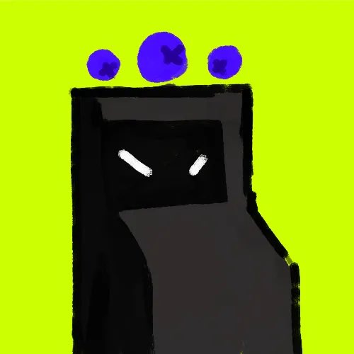 A digital illustration of a black hooded character with two white angry eyes on a bright yellow-green background, with three purple blobs floating above.