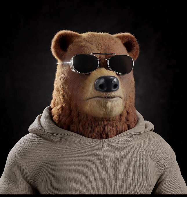 A photorealistic rendering of a brown bear wearing aviator sunglasses and a beige hoodie against a dark background.