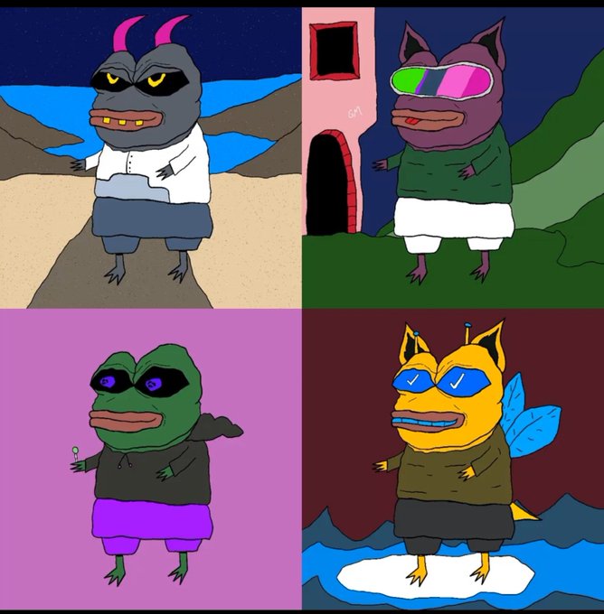A 2x2 grid of cartoon illustrations featuring anthropomorphic duck-like characters with various features (horns, wings, sunglasses) in different colored outfits against different backgrounds.