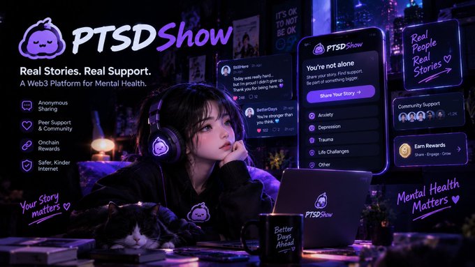 PTSDShow promotional graphic for "Real Stories. Real Support." — a Web3 platform for mental health featuring anonymous sharing, peer support, onchain rewards, with a purple-themed anime-style illustration and topics like Anxiety, Depression, and Trauma.