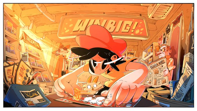 A vibrant cartoon-style illustration showing a young boy with a red cap and sunglasses excitedly playing a tabletop game called 'WINBIE!' with a small bunny-like creature and an older man reading a newspaper in a cluttered game shop.