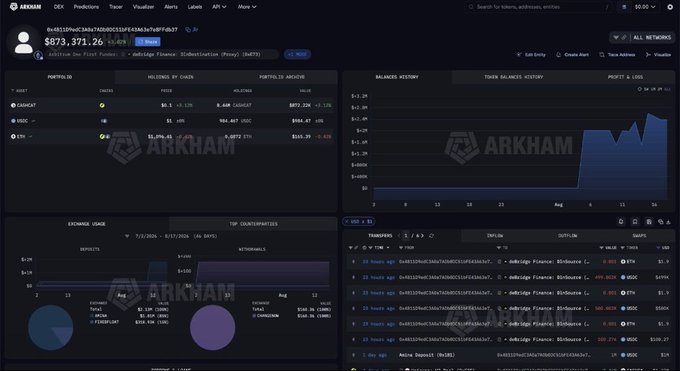 The image displays an Arkham Intelligence dashboard showing wallet 0x9111f0ac3d6a7d0e085c8f4b3b7g817db7 with a portfolio value of $873,371.26, featuring positions in $DOGE, $CASHCAT, and $ETH. The interface includes balance history charts, an exchange graph showing $400K outflows, and recent transactions primarily involving Arbitrum and Coinbase, supporting the post's narrative about a whale's significant investment in $CASHCAT.