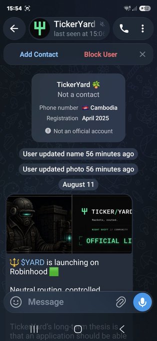 A Telegram profile page for 'TickerYard' showing a Cambodian phone number, registration from April 2025, and promotional posts about '$YARD launching on Robinhood'.