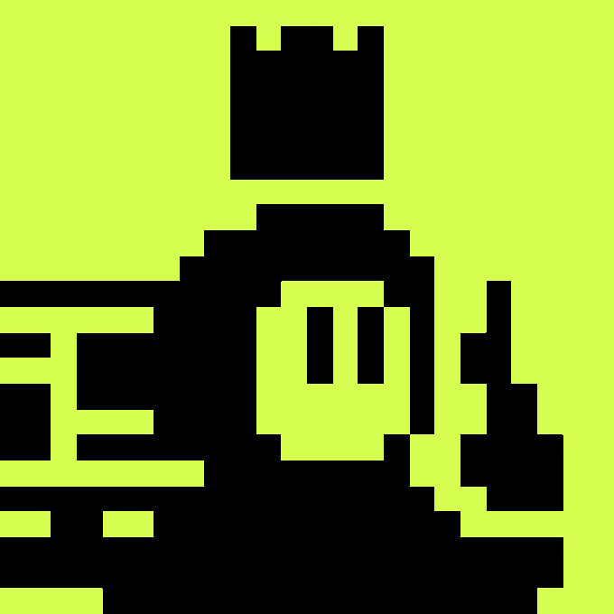 A simple pixel art image on a bright yellow-green background depicting a black silhouetted figure wearing a crown.