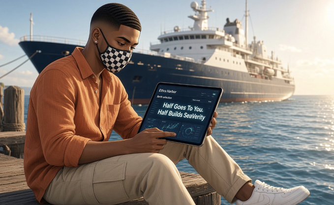 A man wearing a checkered mask sits by a harbor with a large ship behind him while reading about "Ethra Harbor" on his tablet, with text highlighting "Half Goes To You, Half Builds Severity" and references to USDC/USDT on Base mainnet, visually reinforcing the post's explanation of how a "Berth" on Ethra Harbor represents a stablecoin pool where users park their capital.
