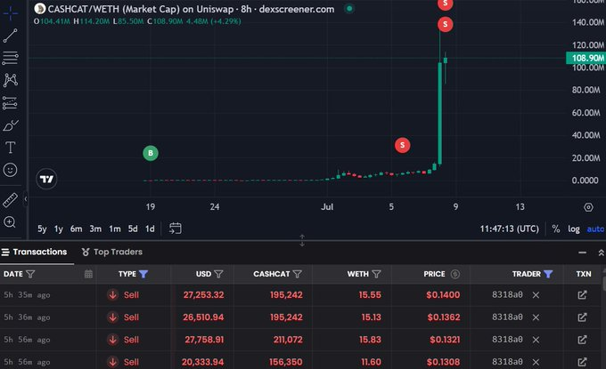 A DexScreener chart for the CASHCAT/WETH pair on Uniswap showing a sharp price spike to 108.90M (up 4,436%) with recent sell transactions in the order book.