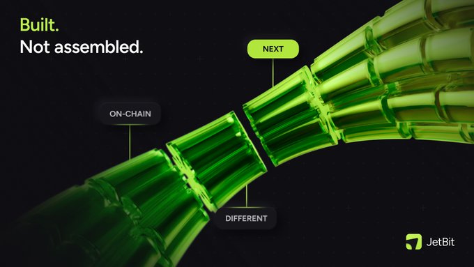 A vibrant green, segmented glass-like structure arches across a dark background, labeled with tags "ON-CHAIN," "NEXT," and "DIFFERENT," alongside the headline "Built. Not assembled." and the JetBit logo—visually reinforcing the tagline about being built on-chain, built differently, and built for what's next.