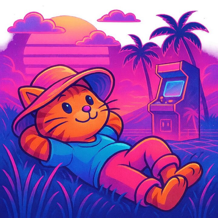 The image features a cartoon cat wearing a hat, lounging in a field with palm trees behind him. In the background, there's an arcade game that appears to be turned off or not active at the moment. The caption reads "Afternoon arcade ease: engaged". This suggests that the cat is enjoying his time and might have been playing the arcade game earlier.

The image also includes a sun in the sky, which adds to the overall atmosphere of relaxation and leisure.